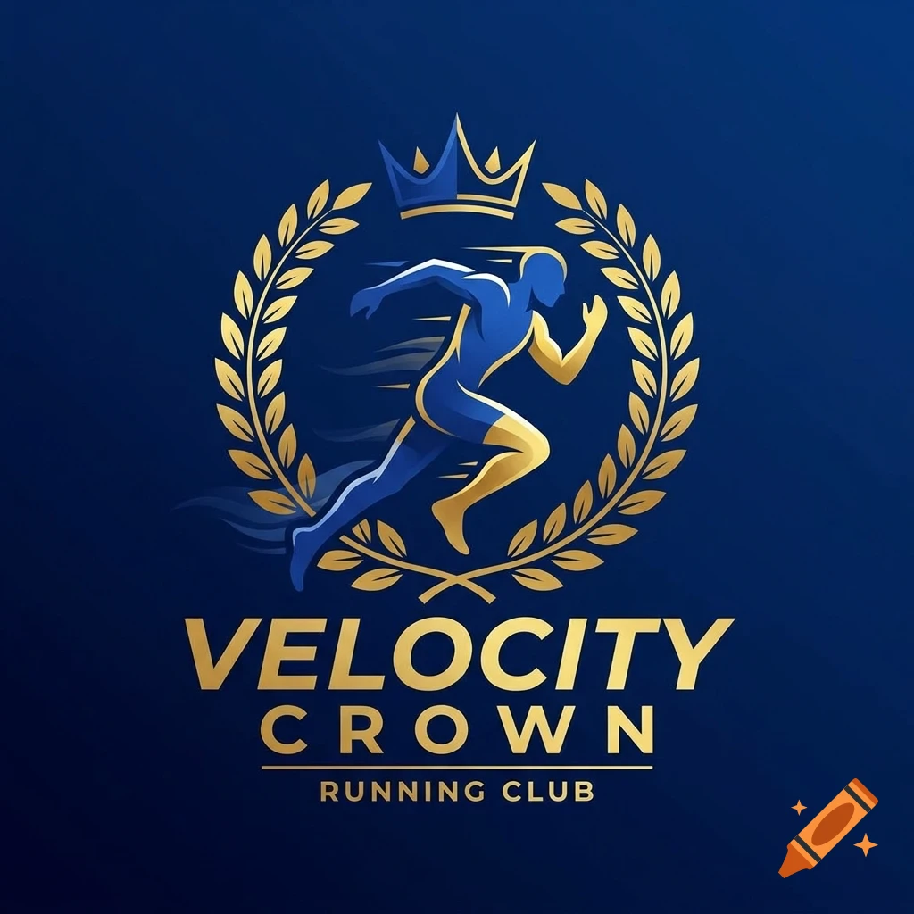 A blue and gold vector logo for Velocity Crown Running Club featuring a running figure inside a laurel wreath and crown against a dark blue background.