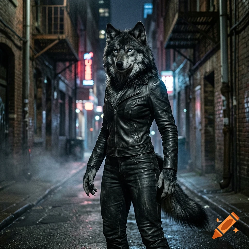 An anthropomorphic wolf in a black leather jacket and pants stands in a narrow city alley at night.
