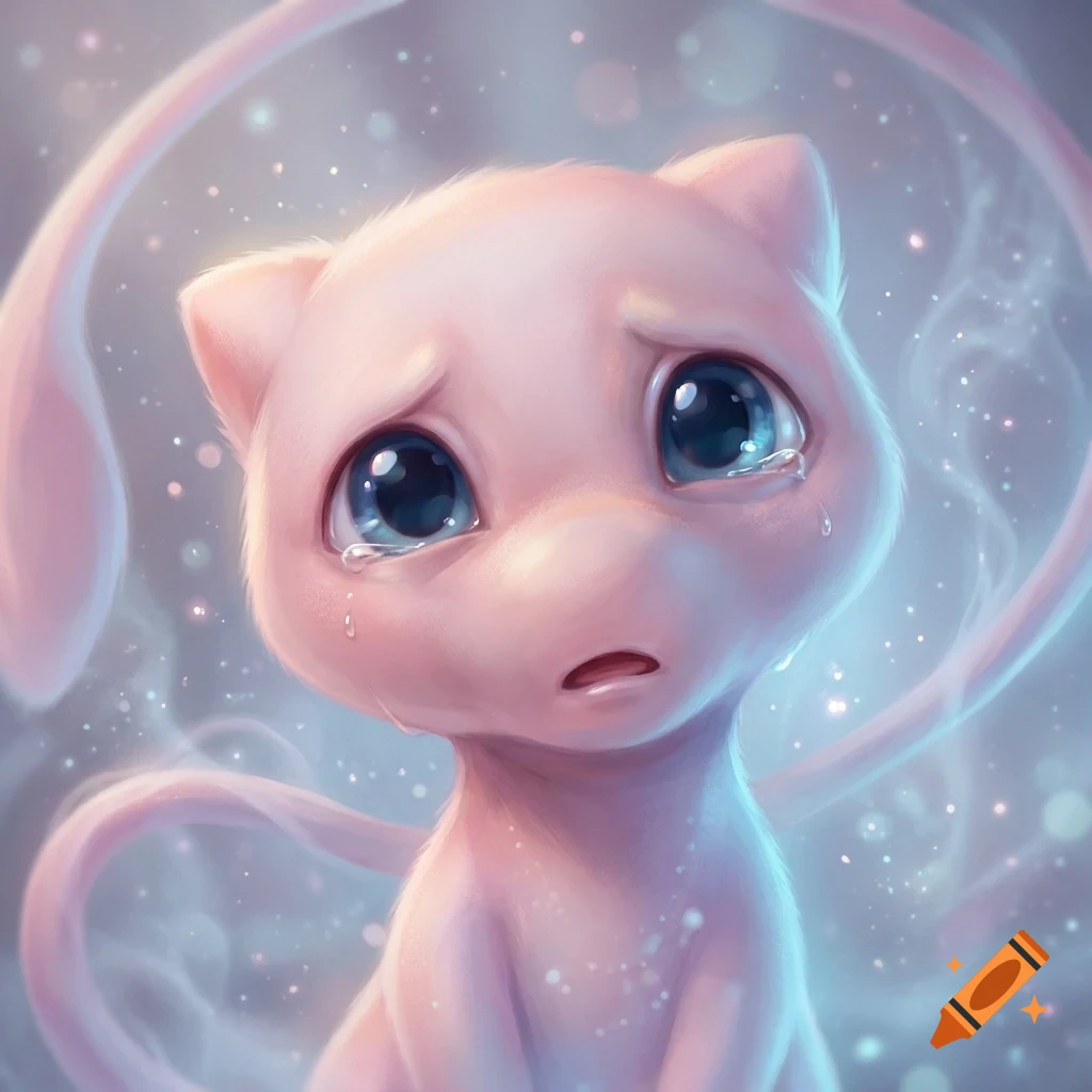 A digital painting of a cute, sad pink creature with large blue eyes and tears streaming down its face, surrounded by glowing sparkles.