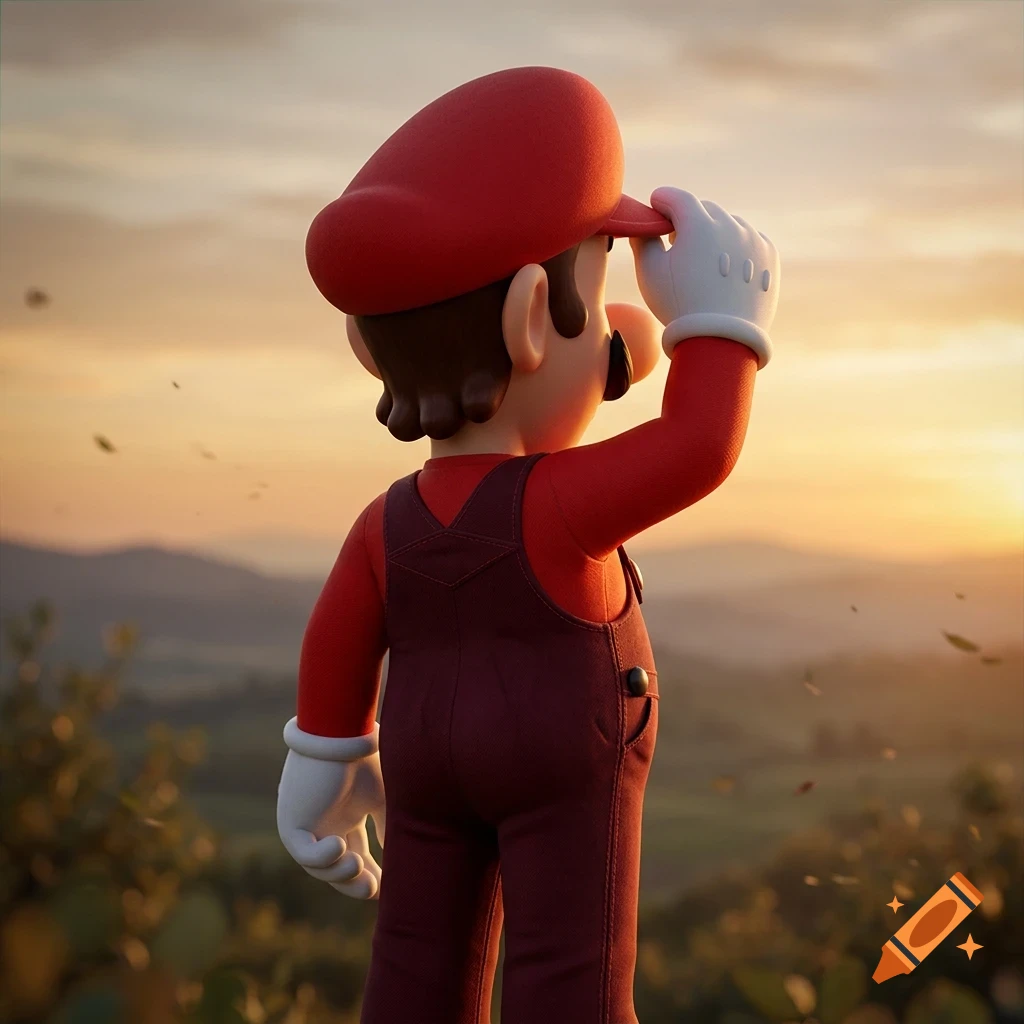 Mario viewed from behind, wearing his signature red hat and overalls, looking out over a landscape at sunset.