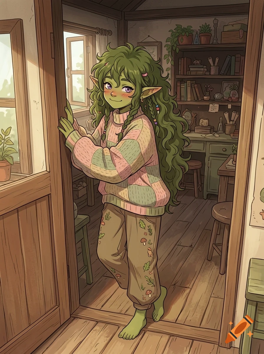 An illustrated fantasy goblin girl with green skin and long green hair smiling inside a cozy room with wooden floors and bookshelves.