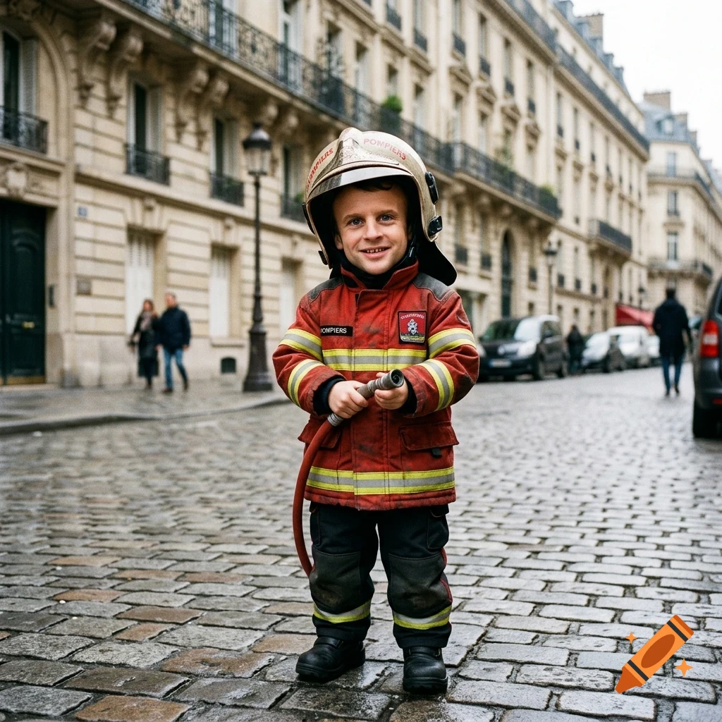 A person wearing a firefighter uniform and a large helmet stands on a cobblestone street, holding a fire hose.