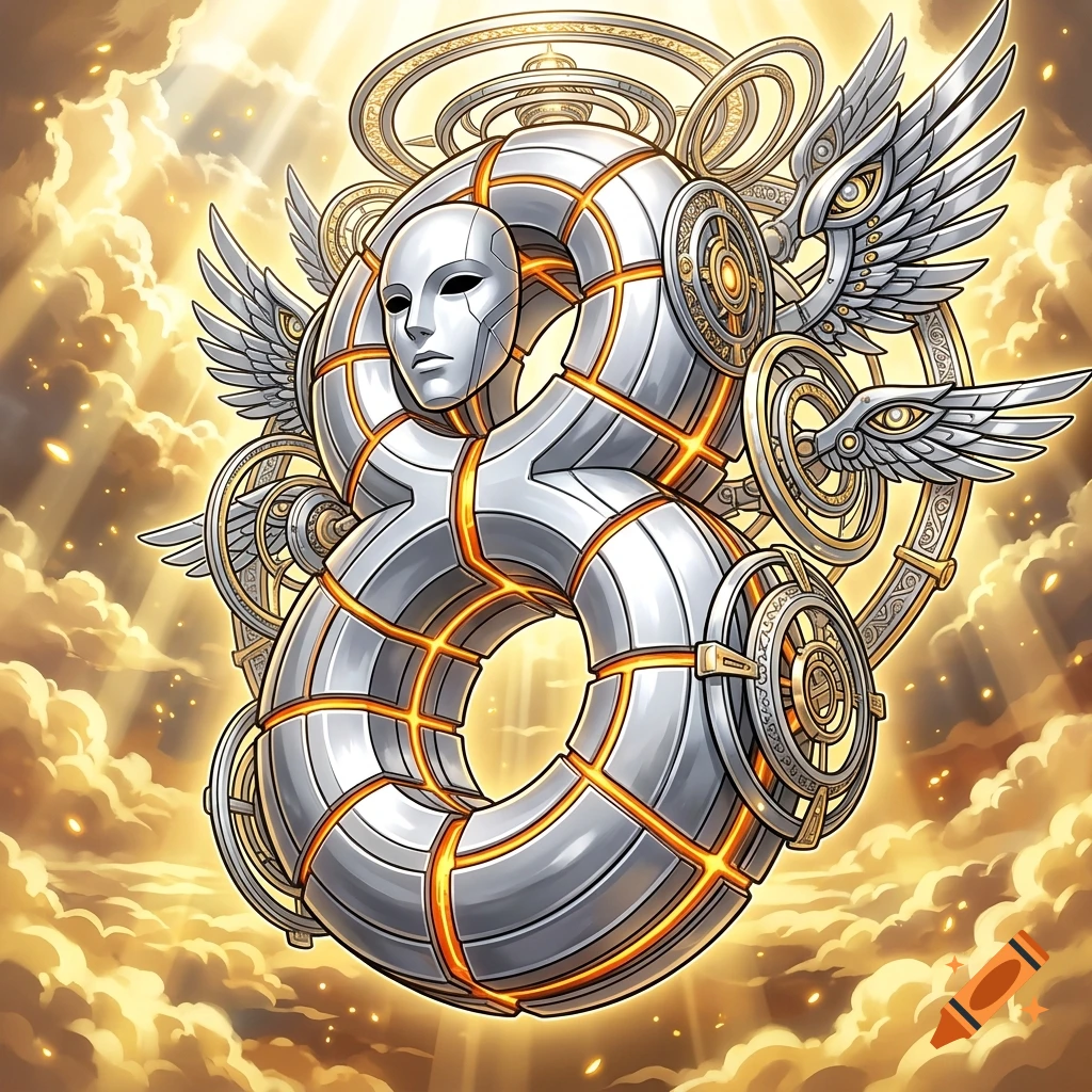 A metallic 8-shaped mechanical creature with an expressionless white mask and glowing orange lines, styled like a biblically accurate angel against a golden cloudy sky, in Yu-Gi-Oh art style.