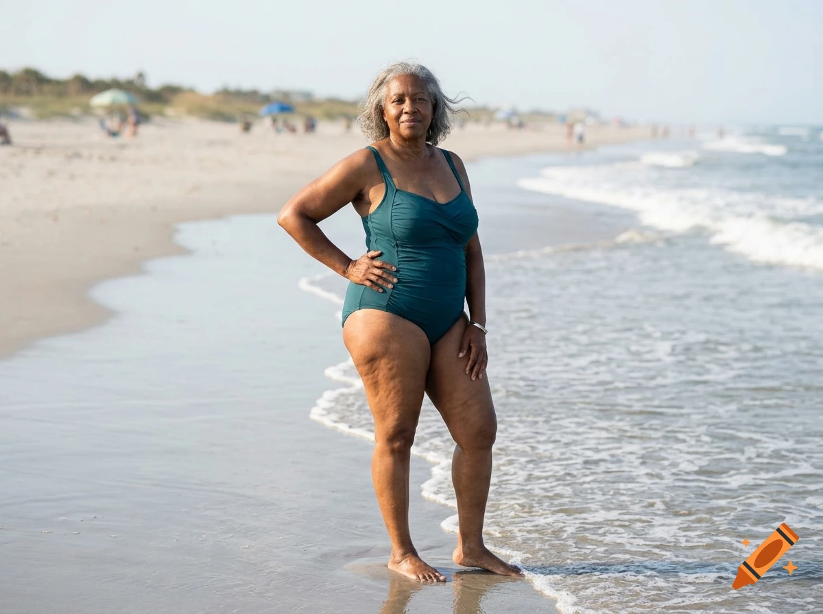 An older woman with grey hair standing on a sandy beach wearing a teal swimsuit.