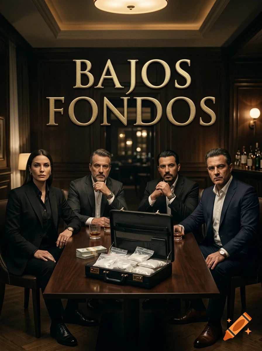 Four people sitting around a table with a briefcase full of money and drugs, with text reading BAJOS FONDOS above them.