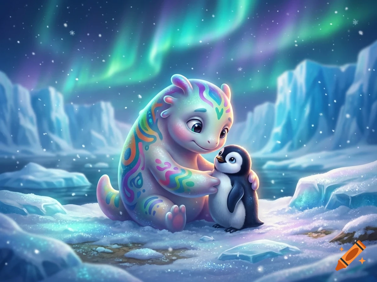 A colorful, patterned fantastical creature hugging a baby penguin in a snowy polar landscape with the aurora borealis glowing in the night sky.