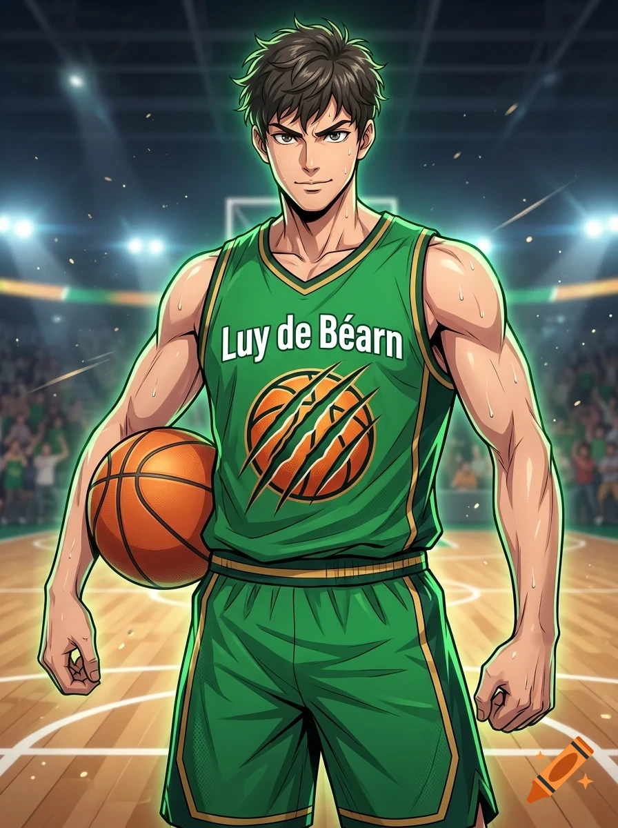 An anime-style male basketball player in a green jersey and shorts, holding a basketball on a court.
