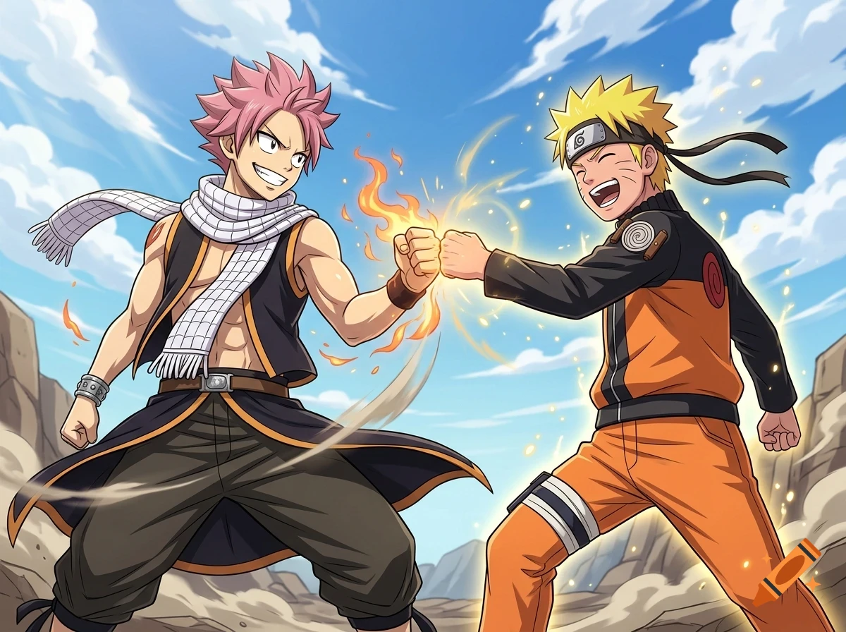 An anime illustration of Natsu Dragneel and Naruto Uzumaki bumping fists against a cloudy sky backdrop.