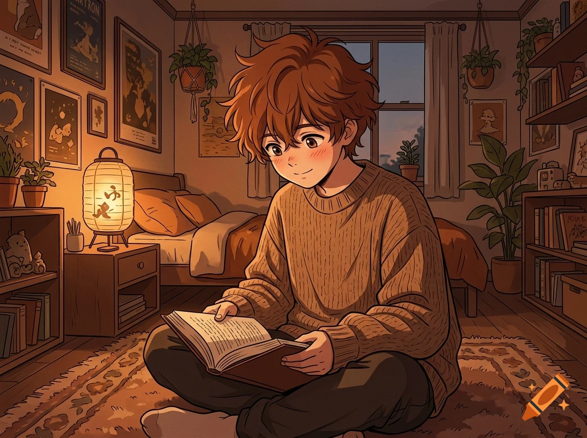 An anime illustration of a young person sitting on a rug in a cozy, warmly lit bedroom, reading a book.
