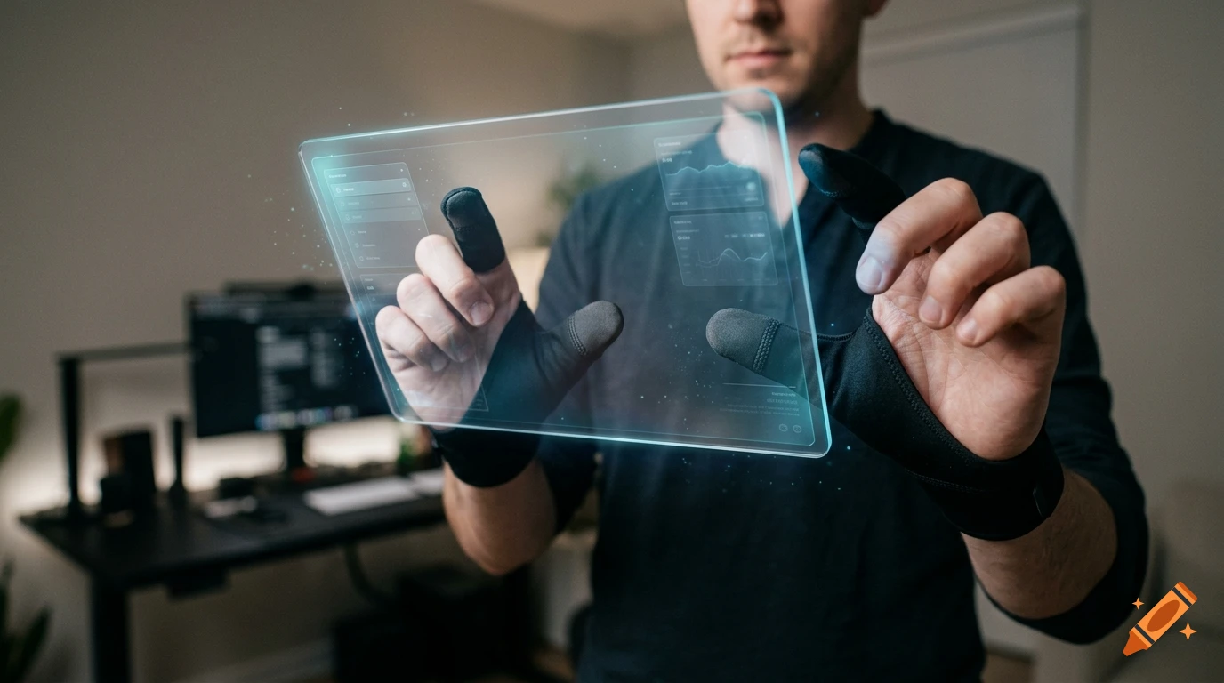 A man wearing specialized finger gloves interacting with a transparent holographic tablet showing data in a room, photorealistic.