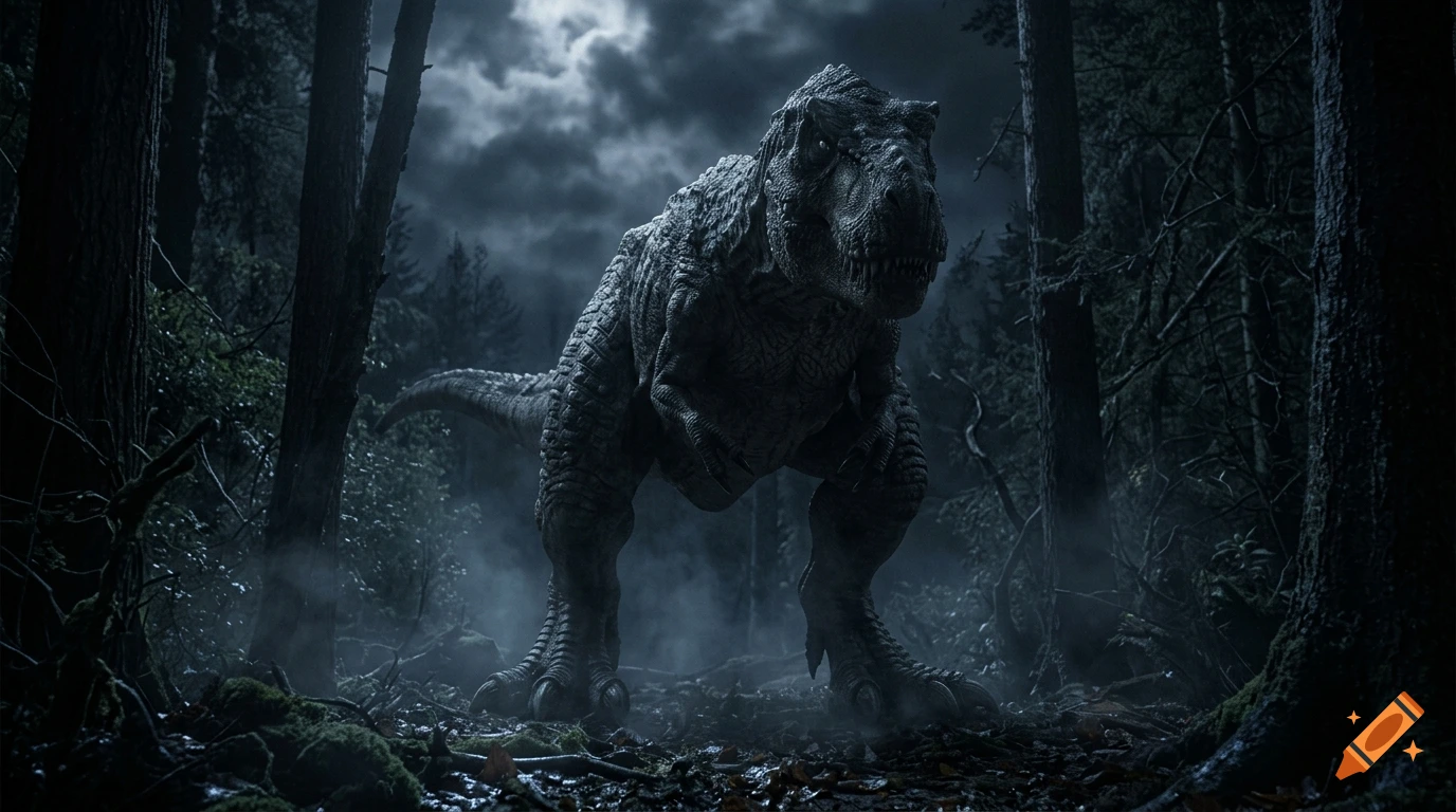 Photorealistic image of a large Tyrannosaurus rex standing in a dark, foggy forest illuminated by moonlight.