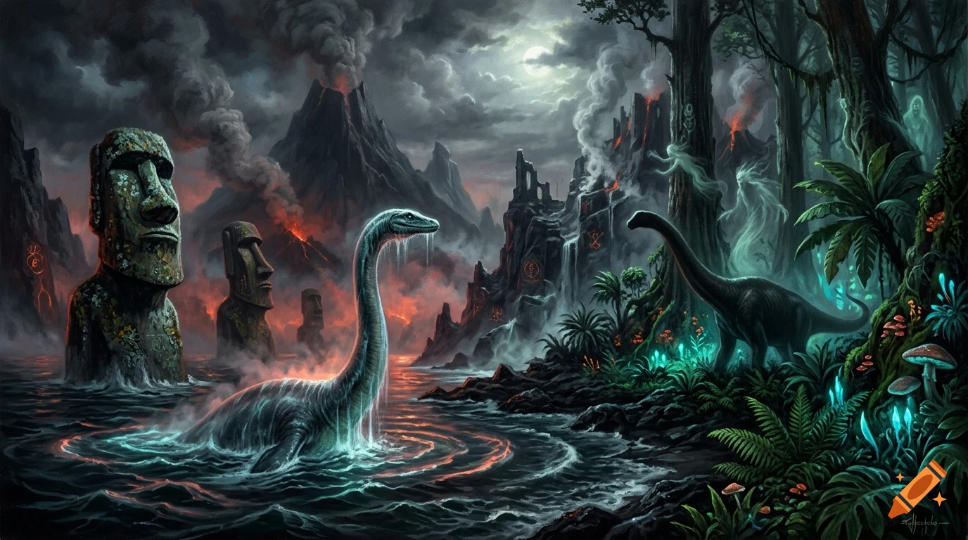 A fantasy landscape at night with long-necked dinosaurs, glowing mushrooms, erupting volcanoes, and giant stone heads resembling Moai statues.