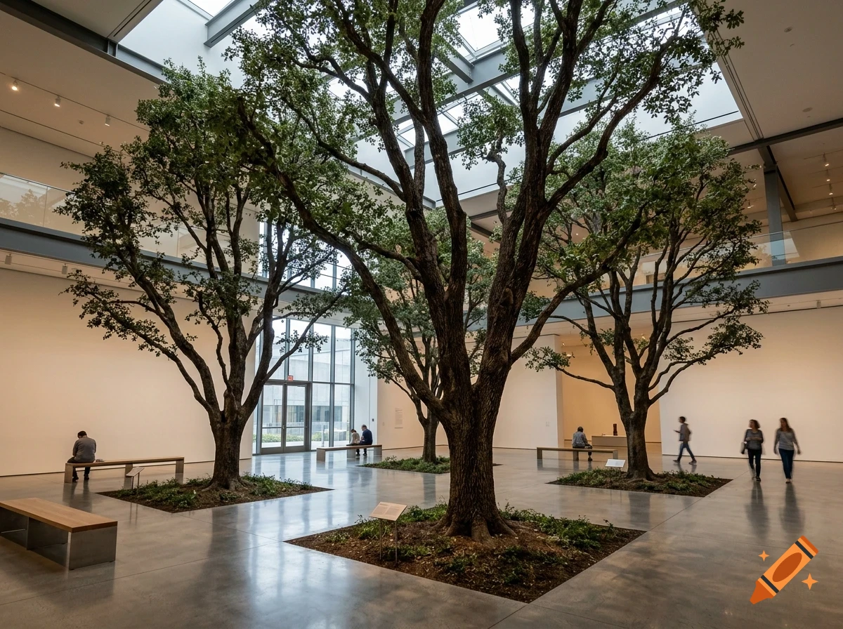 Large mature trees planted in square cutouts on the ground inside a spacious modern museum gallery with skylights and visitors walking and sitting.