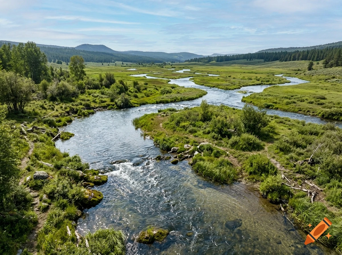 Photorealistic aerial view of a winding river flowing through a lush green valley with distant hills and forests under a cloudy blue sky.