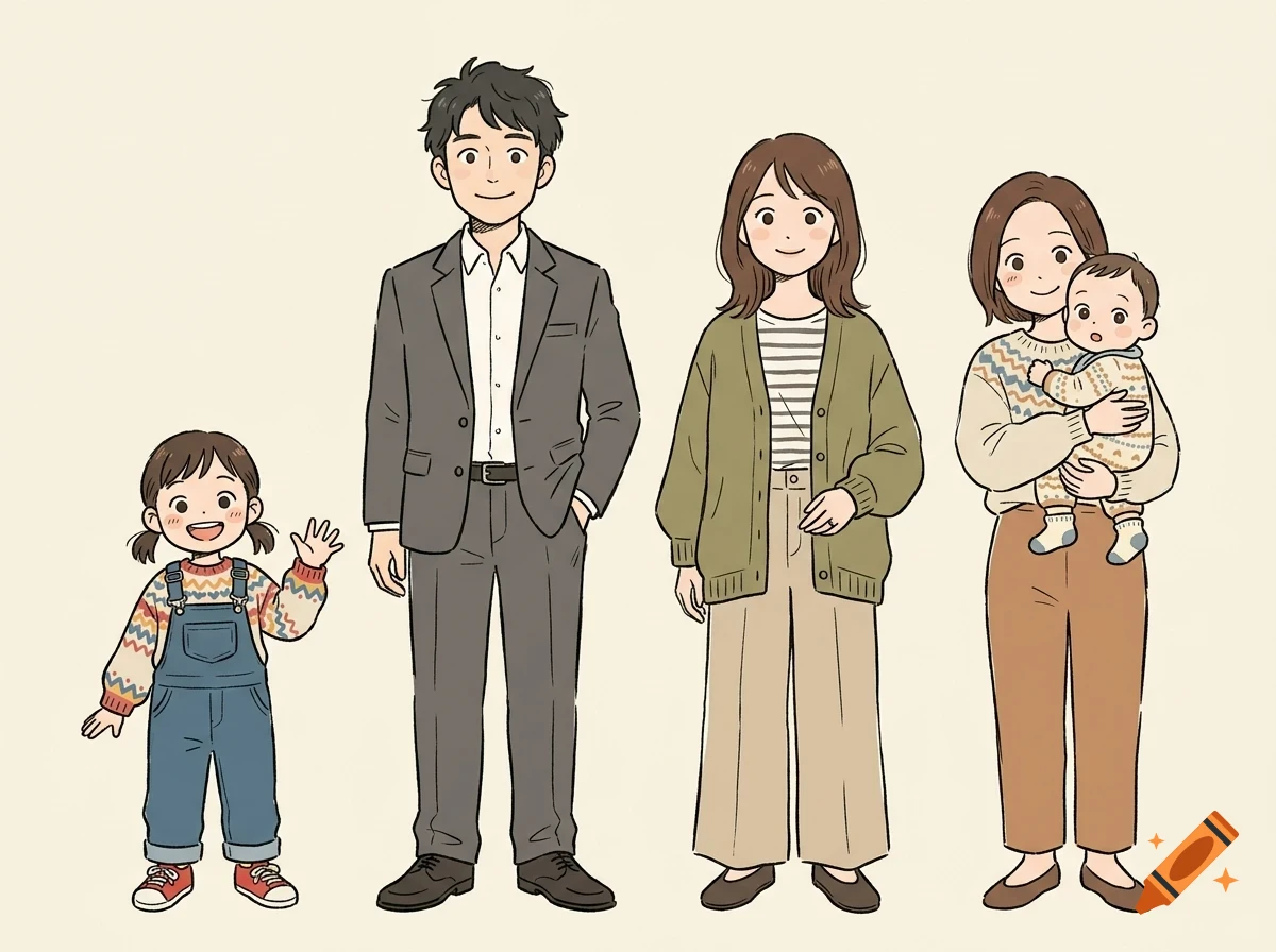 An illustration of a family of five, including a little girl waving, a man in a suit, a woman in a cardigan, and another woman holding a baby.