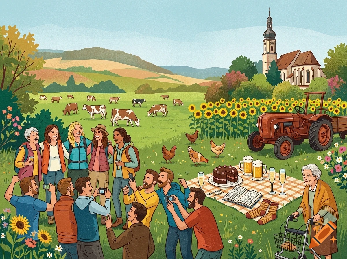 An illustrated pastoral scene showing a group of diverse people gathering in a sunlit meadow with cows, chickens, a tractor, and a church in the background.