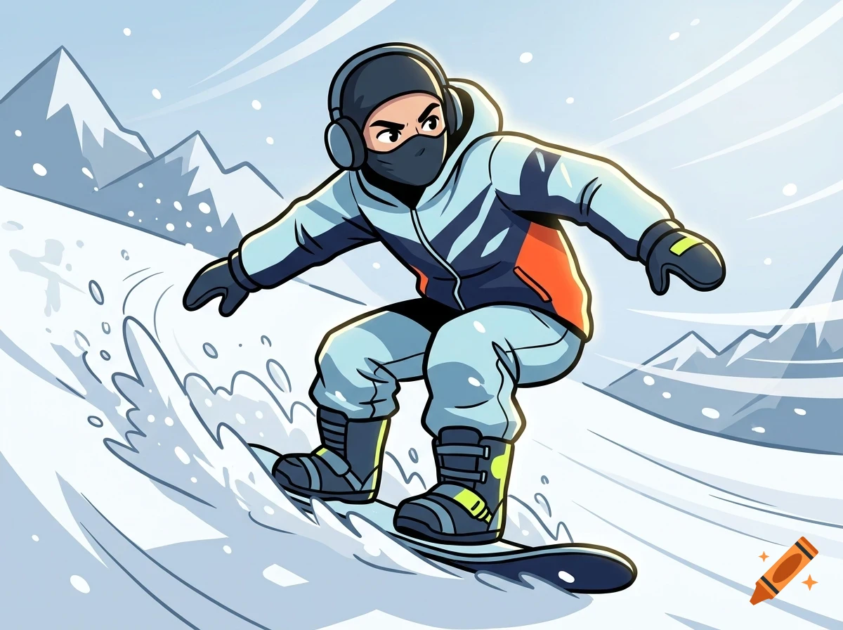 A cartoon illustration of a snowboarder carving down a snowy mountain slope during a snowstorm.