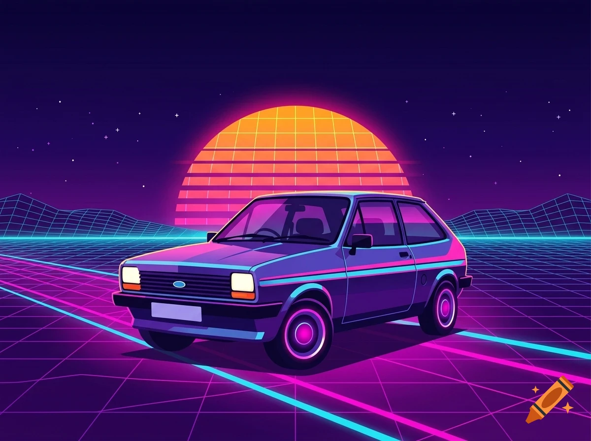 An illustration of a vintage hatchback car parked on a glowing neon grid road against a retro synthwave sunset and mountains background.