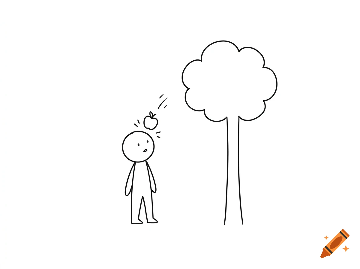 A simple black-and-white line drawing of a person standing under a tree as an apple falls near their head.