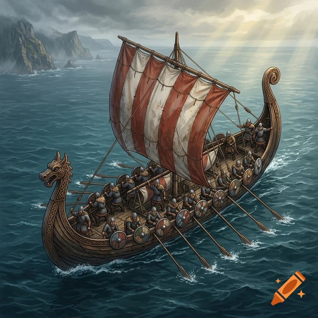 A Viking longship with a striped red and white sail navigates the open sea with oarsmen rowing.