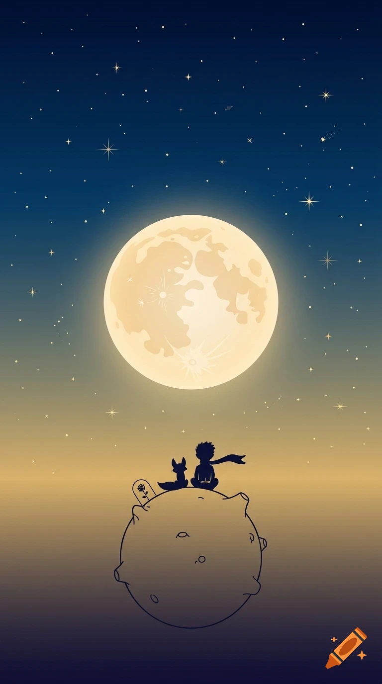 Illustration of a small prince and a fox sitting on a tiny planet under a large moon and starry night sky.