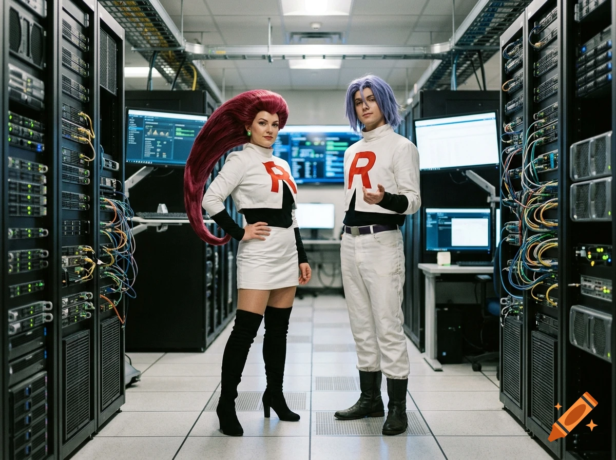 Photorealistic cosplay of Jessie and James from Team Rocket standing in a datacenter aisle.
