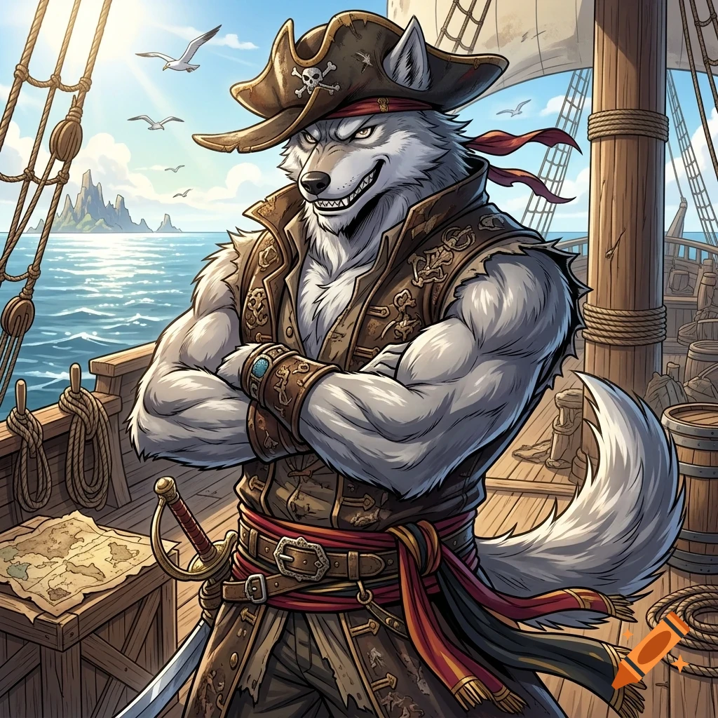An anthropomorphic white wolf pirate with a confident smirk stands on a wooden ship deck, wearing a tricorn hat, leather vest, and sash.