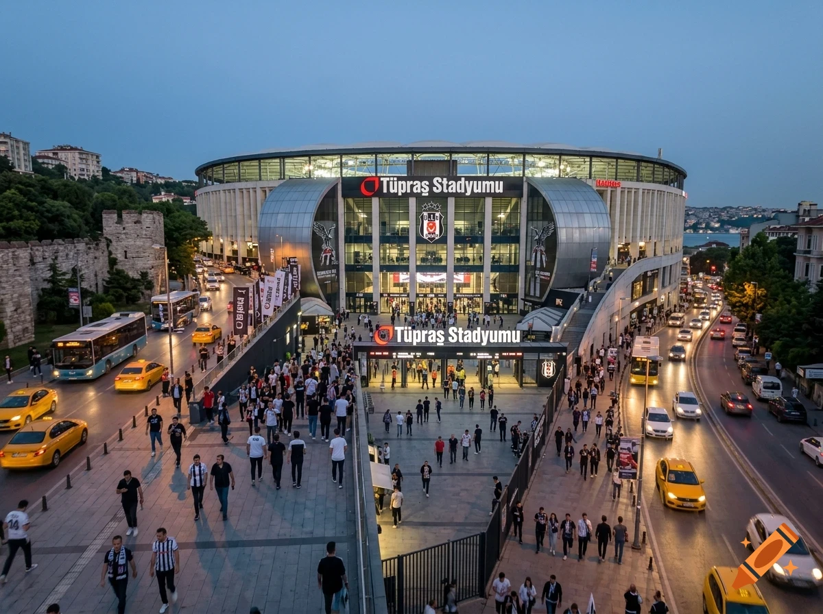 An elevated wide-angle view of Tüpraş Stadyumu at dusk, showing a large crowd of people walking outside the stadium entrance, with buses and cars on the busy surrounding streets.