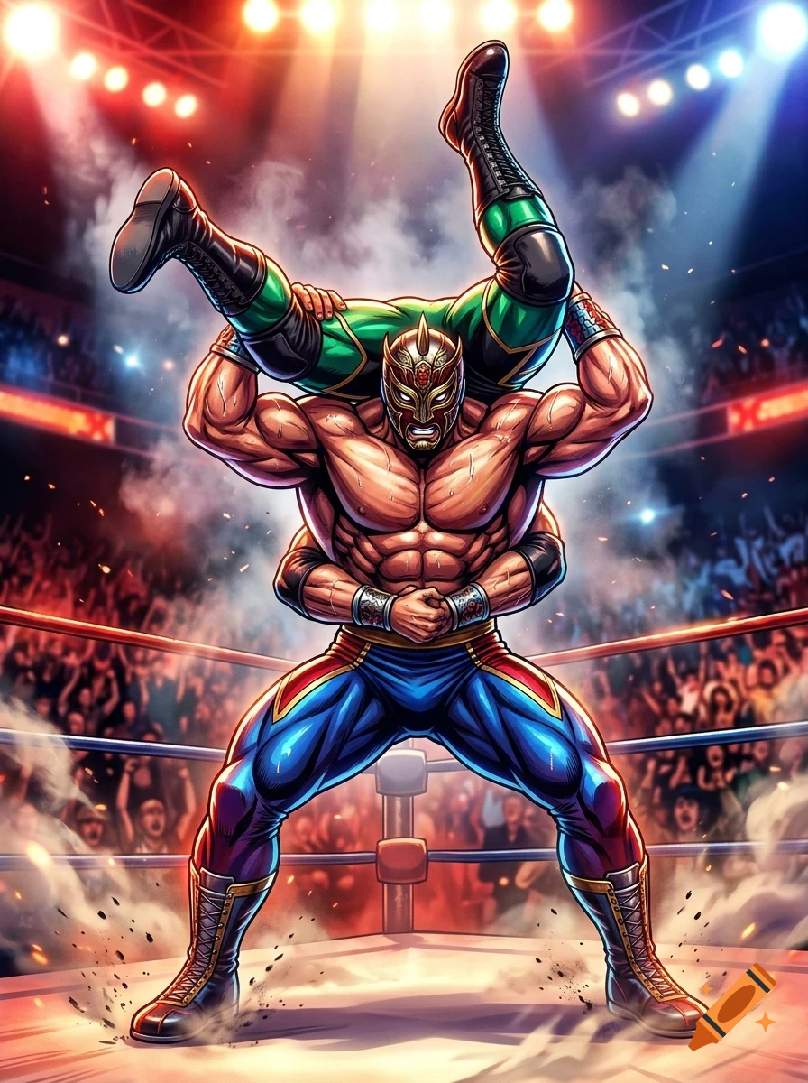 A masked professional wrestler performs a suplex on his opponent inside a brightly lit arena.