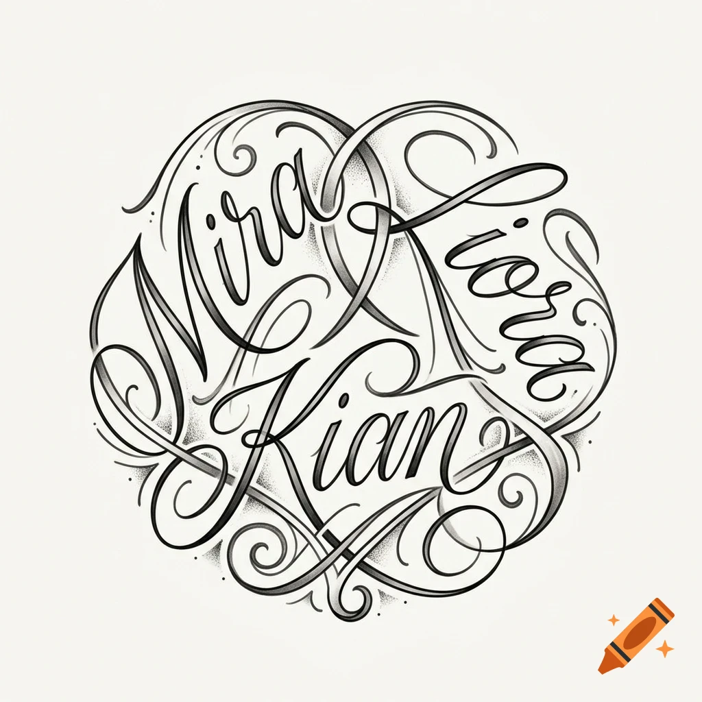 Decorative lettering design featuring the names Mira, Kian, and Kiora in elegant script surrounded by flourishes, rendered in black and grey stippling style.