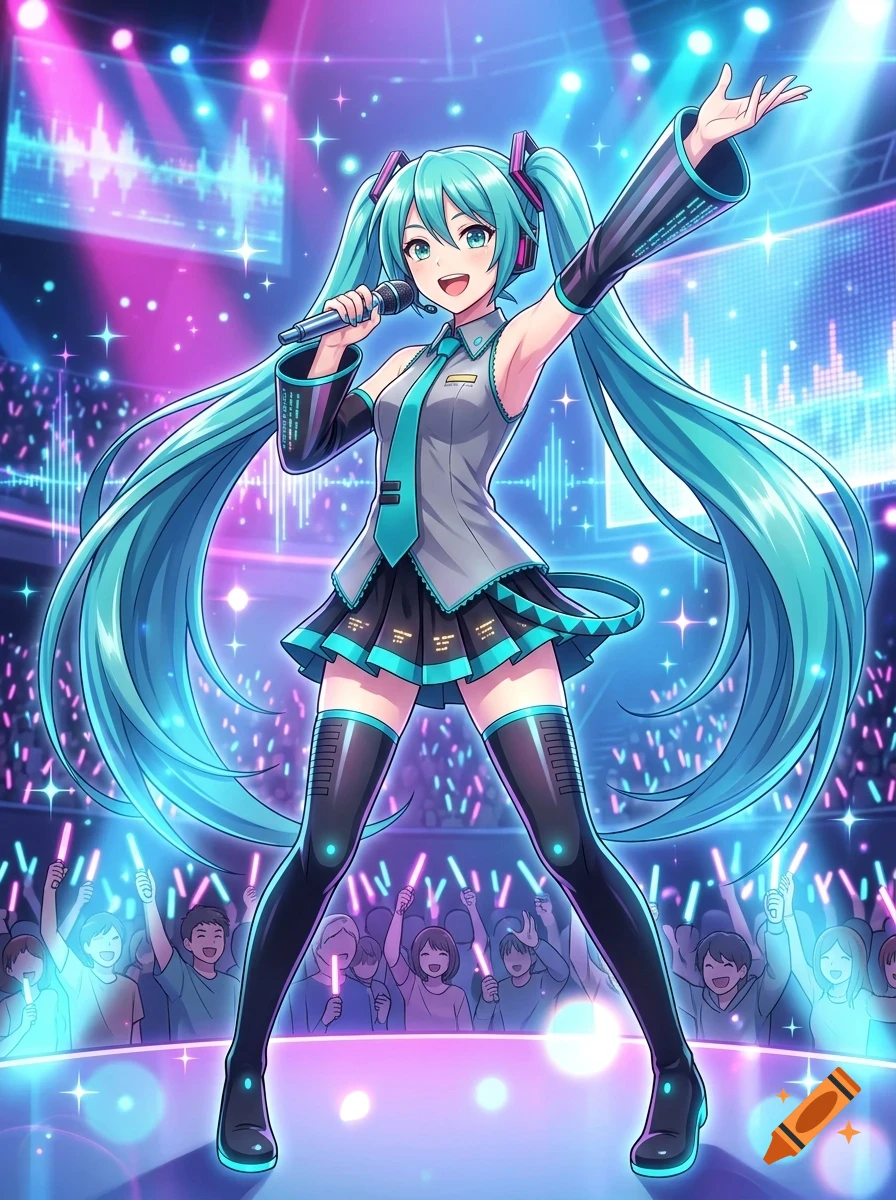 An anime-style female performer with long teal pigtails sings into a microphone on a stage before a cheering crowd at a concert.