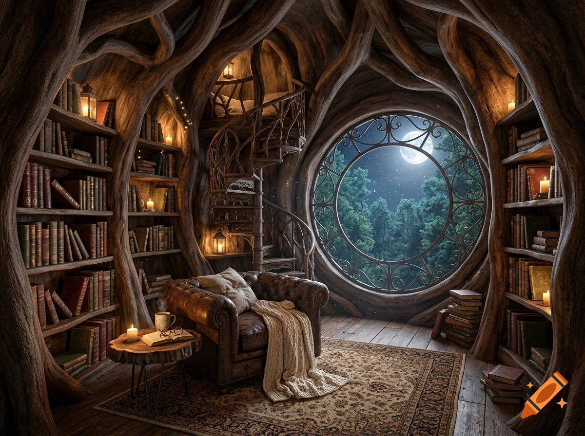 A cozy, circular room built inside a giant tree, featuring bookshelves filled with books, a leather armchair with a blanket, a spiral staircase, and a large round window looking out at a forest under a full moon.