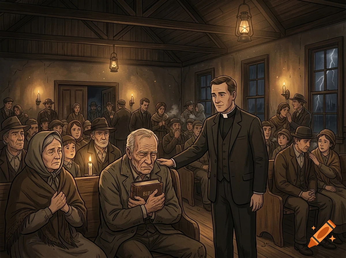 An illustrated interior scene of a church with people sitting in pews, and a priest comforting an elderly man holding a Bible during a stormy night.