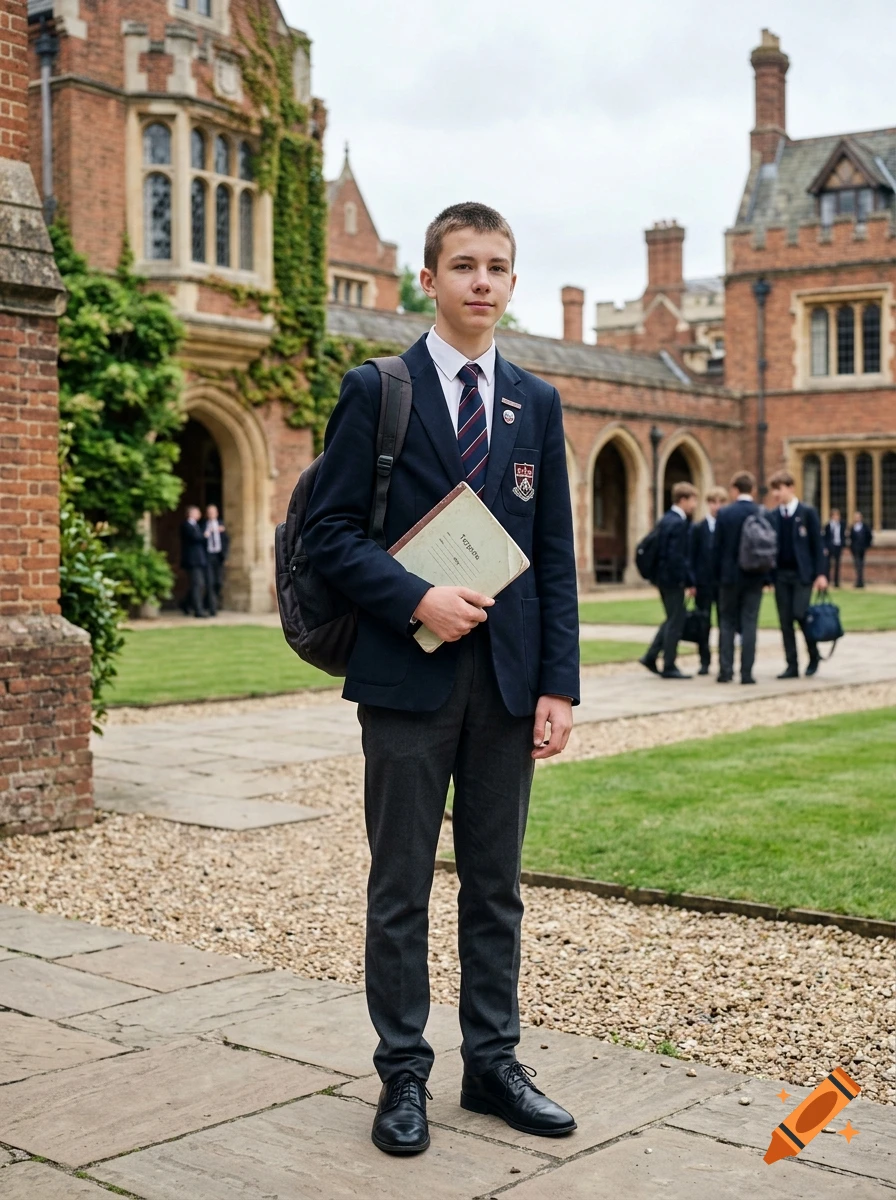 Photorealistic full-body shot of a teenage male student in a school uniform holding a notebook in a British boarding school courtyard.