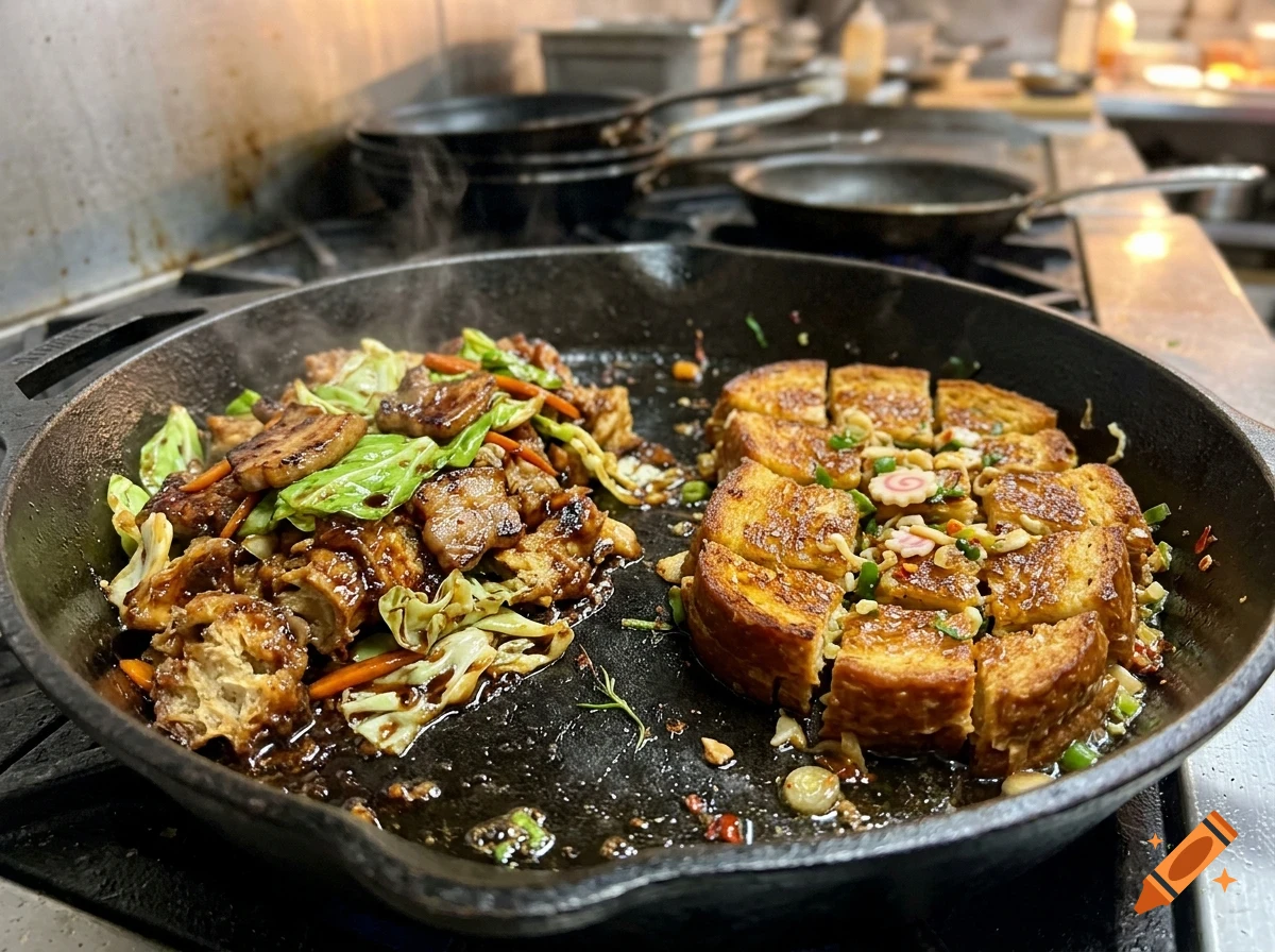 A large cast-iron skillet on a stovetop contains stir-fried meat, cabbage, and sliced tofu or egg cake, with steam rising.