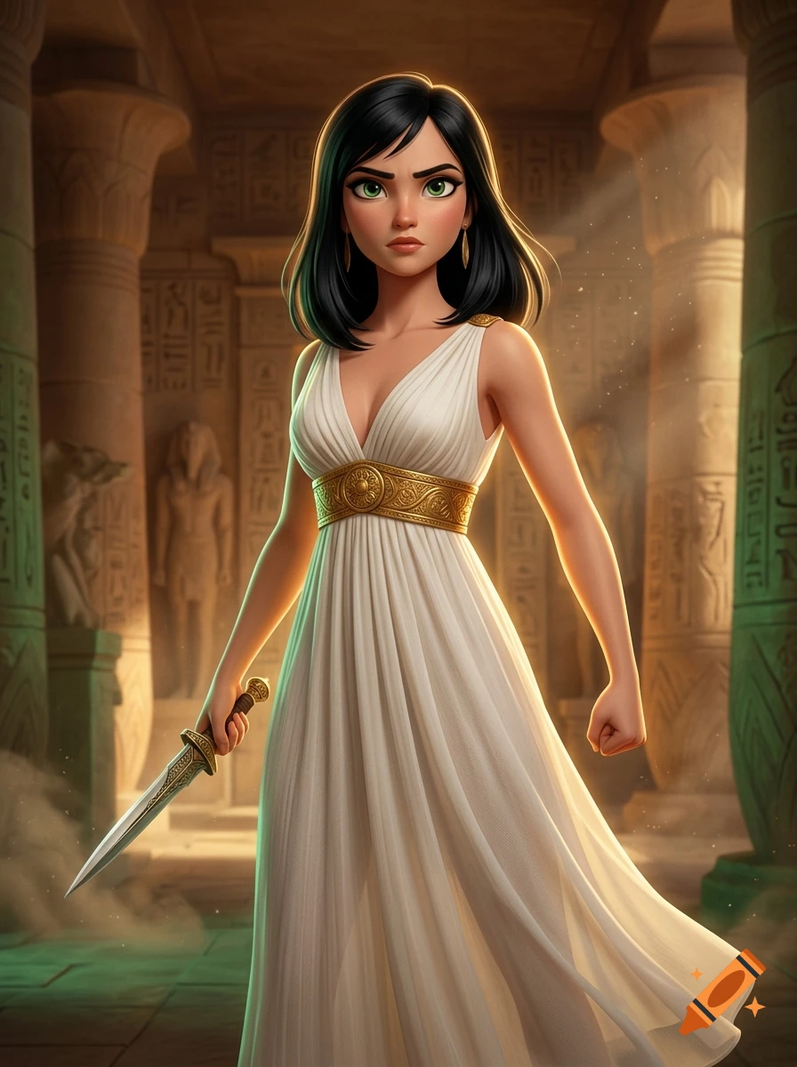 An animated Disney-style young woman with black hair and green eyes holding a dagger in an Egyptian temple.