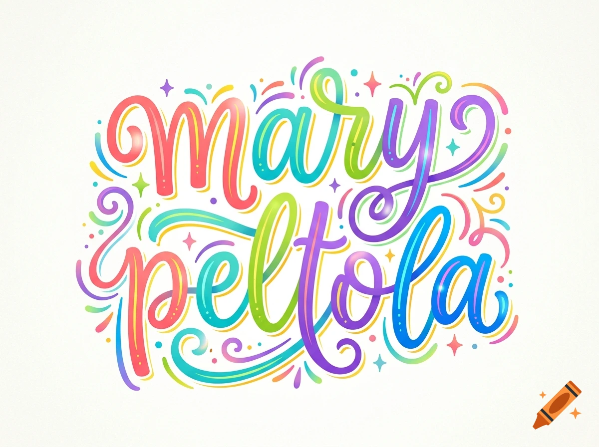 Colorful, quirky script lettering reading 'mary peltola' with decorative swirls and star accents.