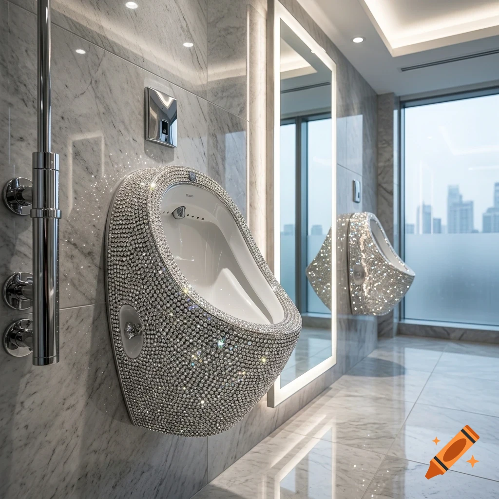 A luxurious modern restroom featuring urinals densely encrusted with sparkling rhinestones or diamonds, set against marble-tiled walls and a large illuminated mirror.
