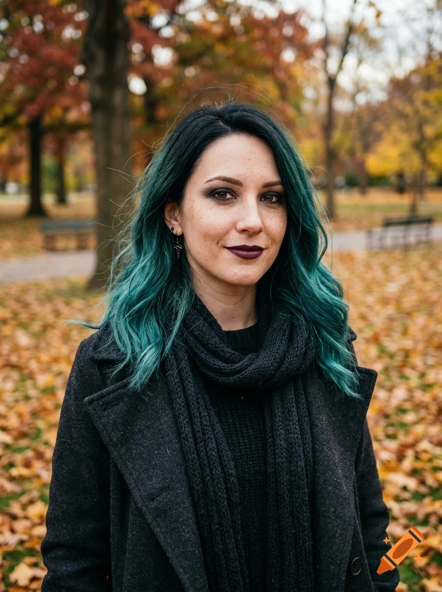 Portrait of a woman with teal hair, dark lipstick, and a black coat outdoors in an autumn park with fallen leaves.
