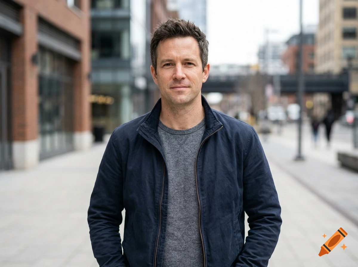 Photorealistic medium shot of a man standing outdoors on a city sidewalk wearing a dark jacket over a grey t-shirt.