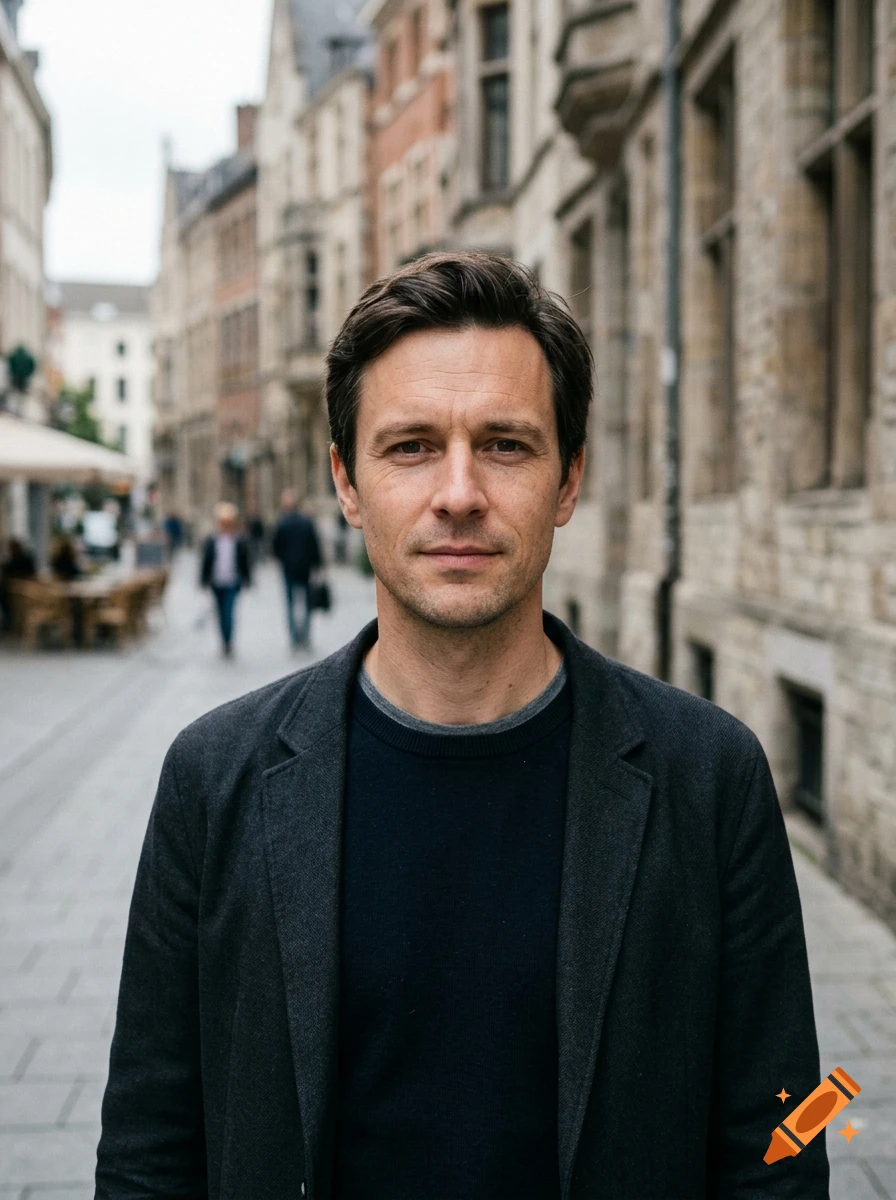 Photorealistic medium shot of a 36-year-old European man standing on a European street with historic buildings in the background.