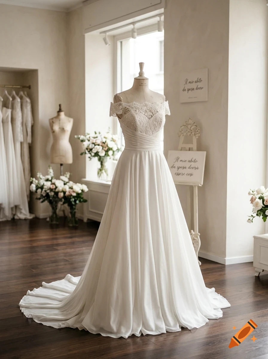 A white wedding dress displayed on a mannequin in a bright atelier.