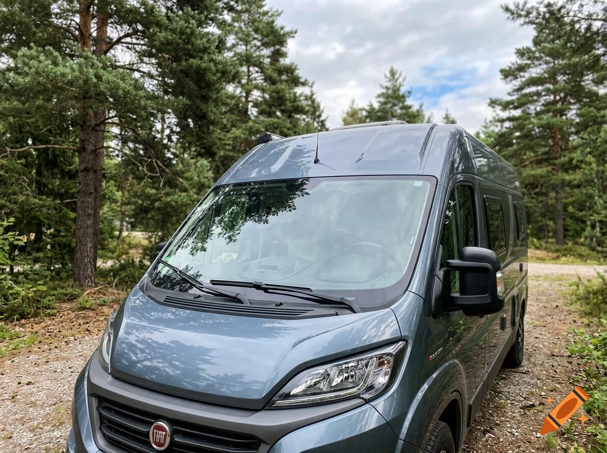 A gray camper van parked on a dirt path surrounded by trees and greenery.