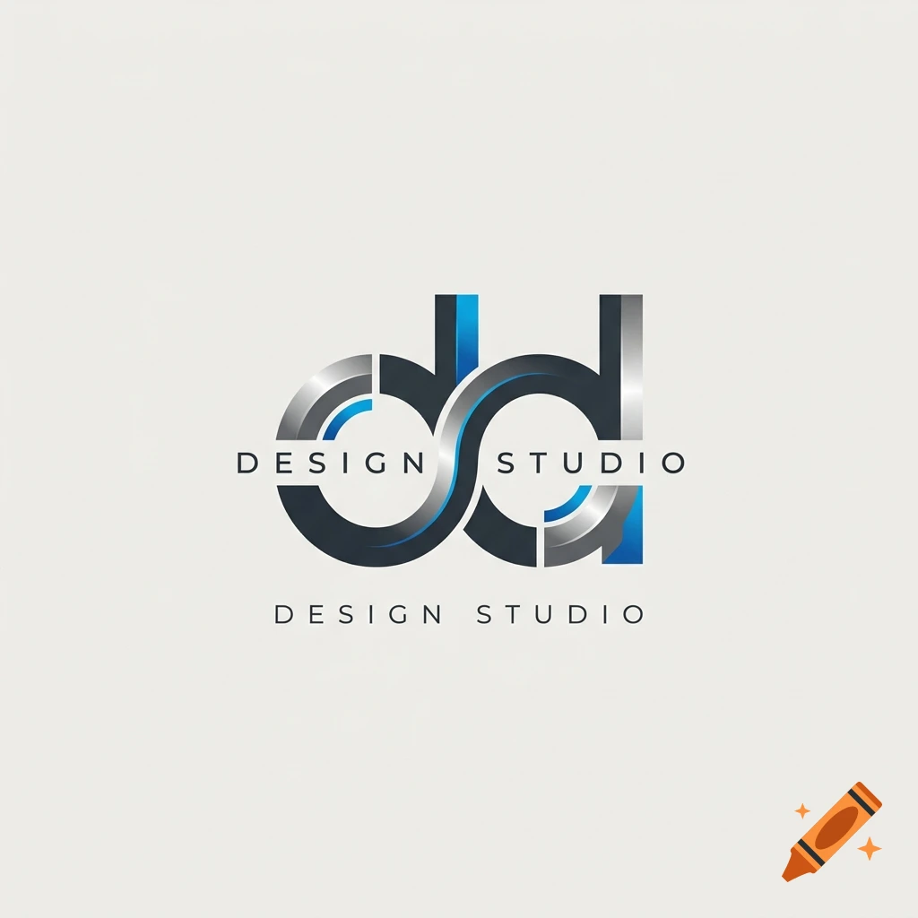 Modern metallic 'dd' monogram logo with the text 'DESIGN STUDIO' in black on a light gray background.