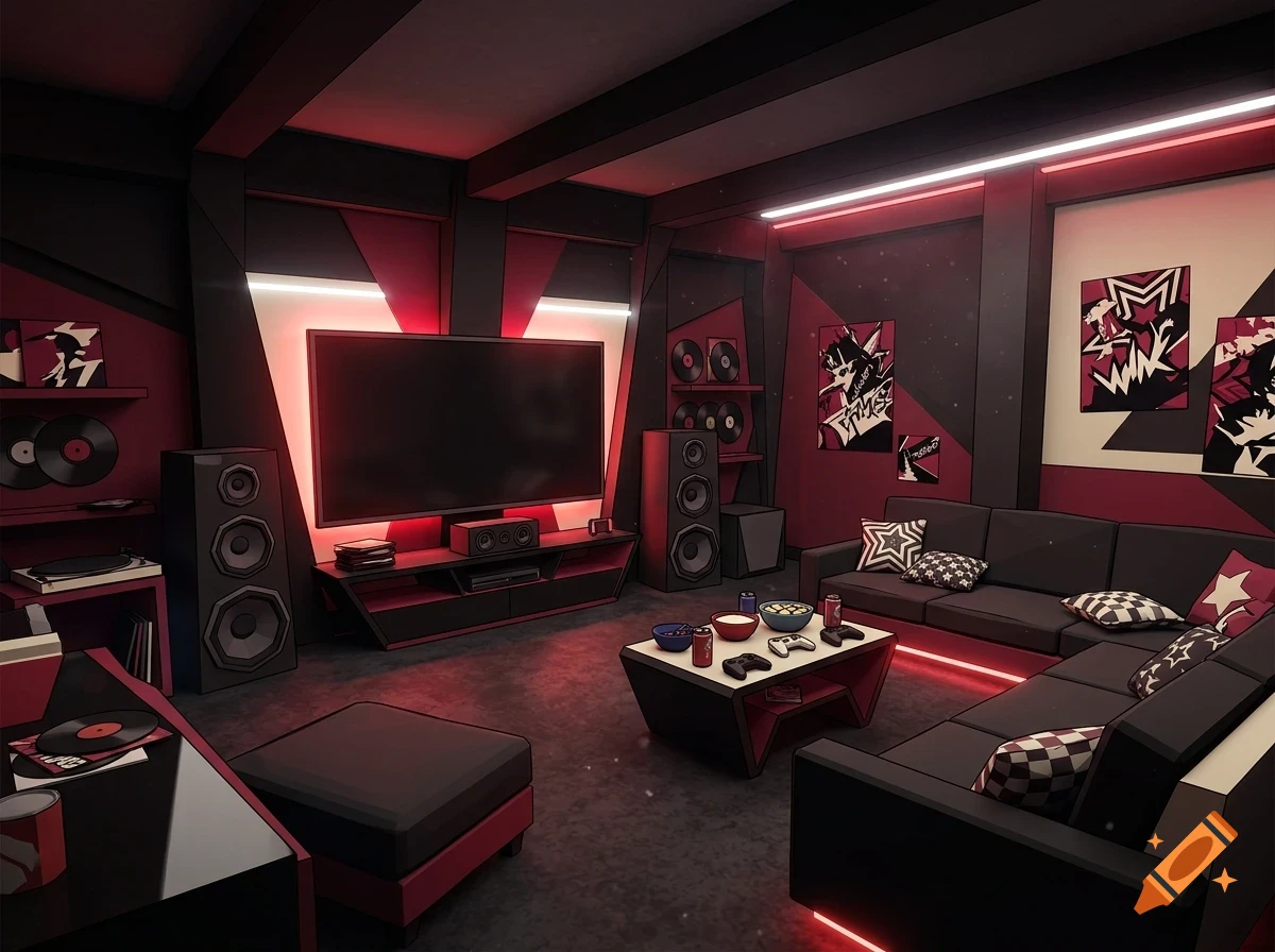 An illustrated living room with a large TV, sound system, couch, and red and black decor.