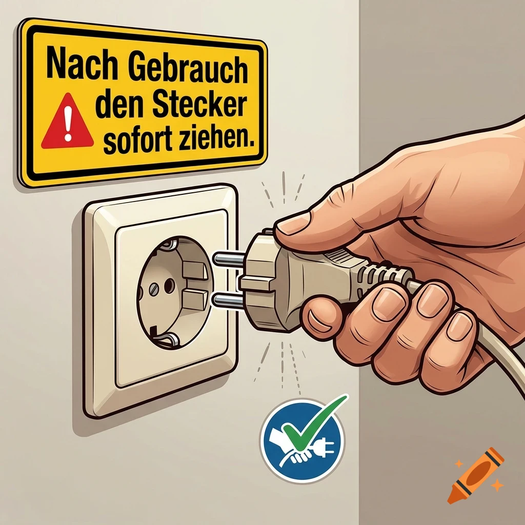An illustrated image showing a hand unplugging an electrical cord from a wall socket, accompanied by a warning sign with German text.