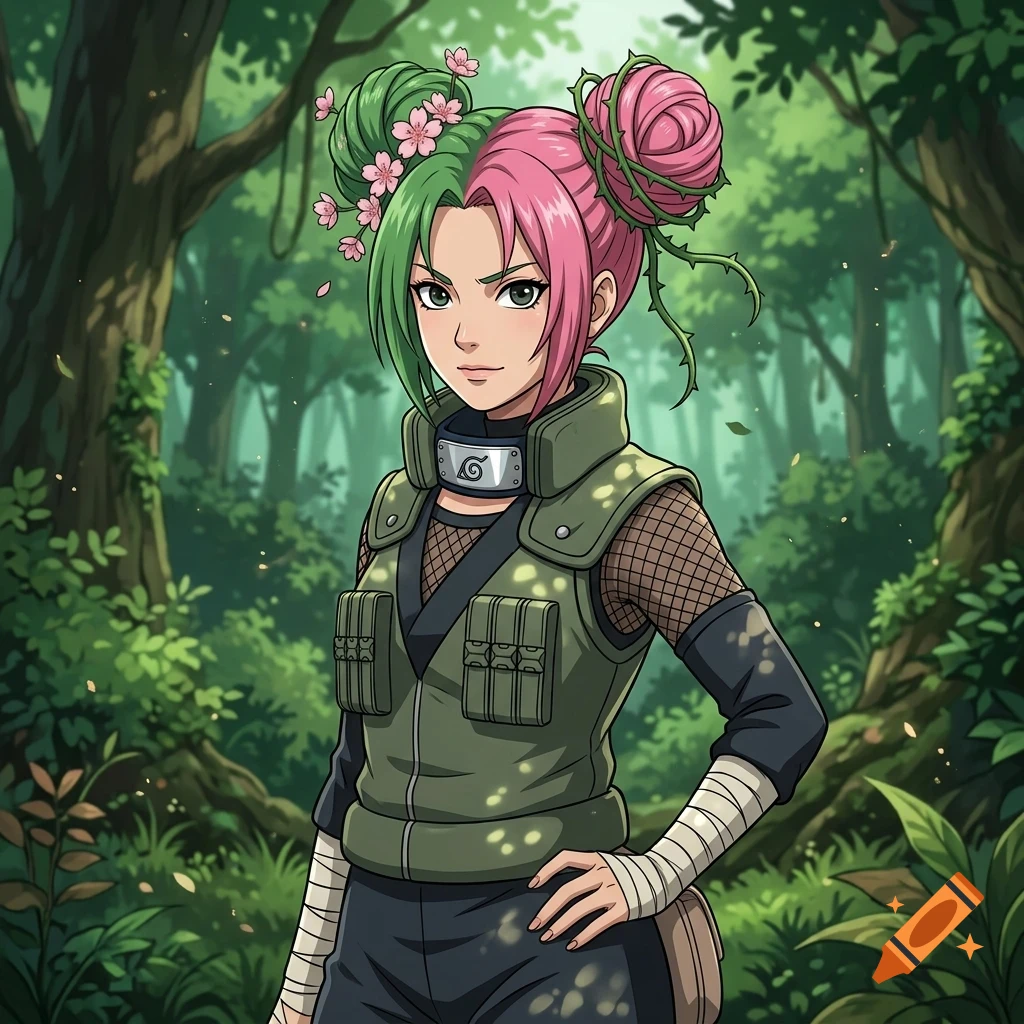 An anime-style portrait of a female character with split green and pink hair in buns adorned with flowers and vines, wearing a ninja tactical vest in a lush forest.