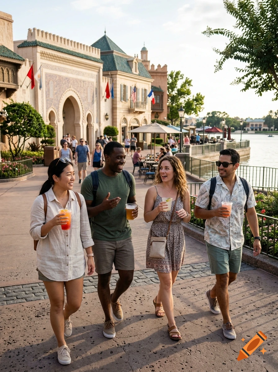 Four diverse friends walking and holding drinks in a European-themed plaza with traditional buildings.