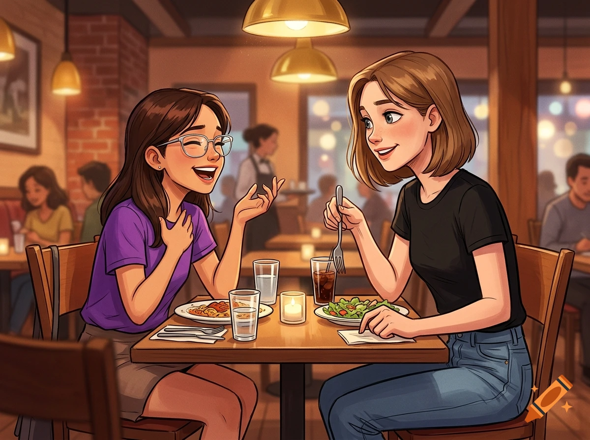 Two teenage girls chatting and laughing while eating in a cozy restaurant, anime style illustration.