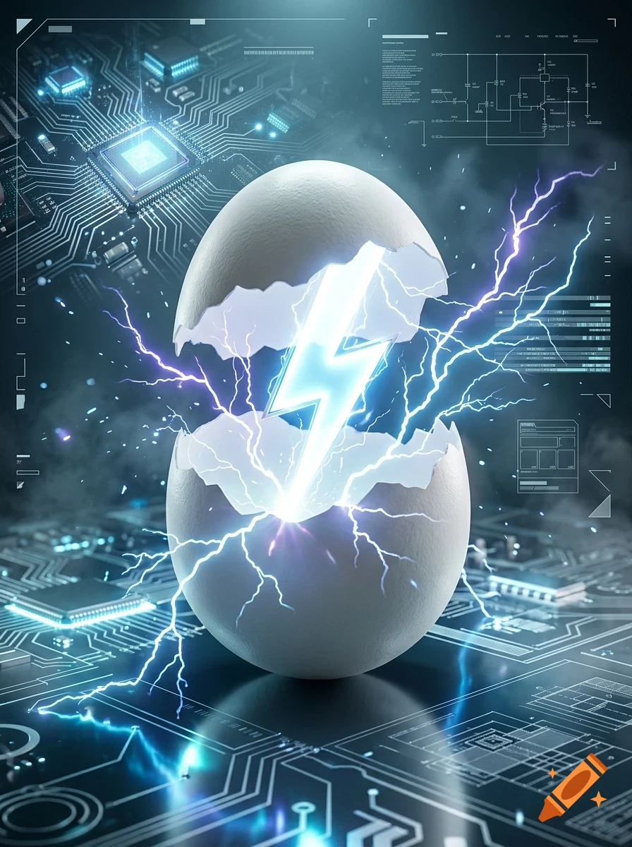 A cracked white egg hovering over a glowing circuit board with electric arcs emerging from the center.